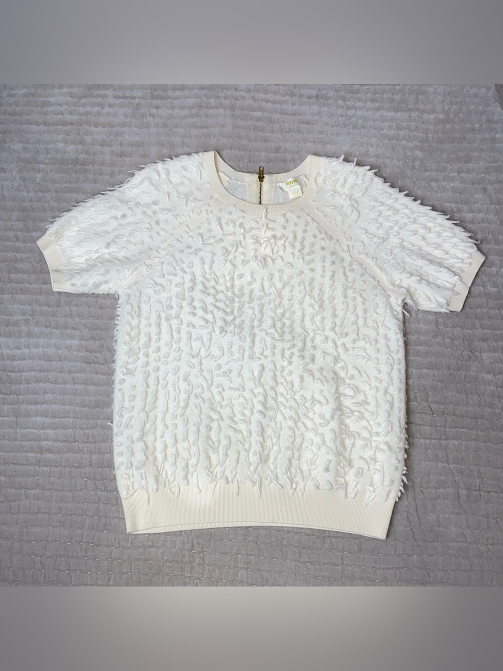 Anthropologie Cream Textured Short-Sleeve Crew Sweater